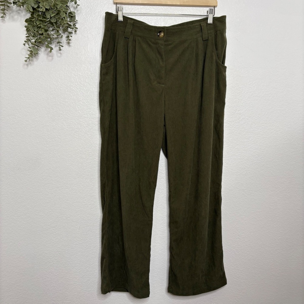 Halara Olive Green Corduroy Wide Leg Pants High Waisted Pleated XL Petite - Picture 2 of 8